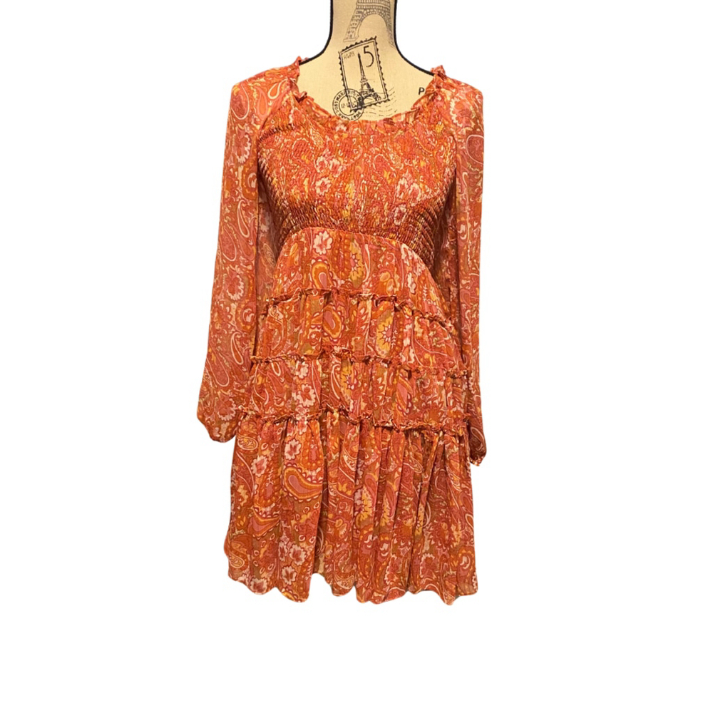 Women's Jacquie the Label Boho Fall Paisley Tencel Smocked Dress, Small, Orange